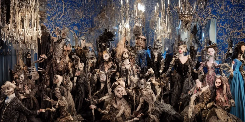 Image similar to photo taken of an epic intricate, ultra detailed, super realistic stop motion puppets of a majestic gracious regal aristocratic vampires in an indoor banquet hall filmset created by weta workshop directed by tim burton, menacing, wide angle, moody full body shot, photorealistic, sharp focus, gloomy, extremely cold blueish colour temperature, 3 5 mm, f 1. 4