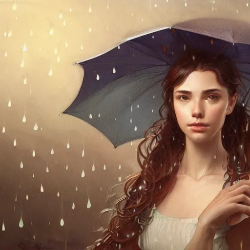 Image similar to portrait of a young woman holding an umbrella, raining, at night, looking sad, intricate, headshot, highly detailed, digital painting, artstation, concept art, sharp focus, cinematic lighting, illustration, art by artgerm and greg rutkowski, alphonse mucha, cgsociety