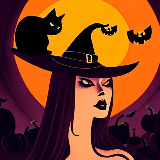 Prompt: beautiful witch woman, black cat, pumpkins, spooky halloween night, wallpaper aesthetic, beautiful, cinematic, dramatic, super detailed and intricate, 4 k render, by koson ohara, by darwyn cooke