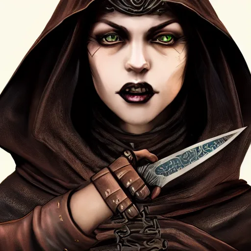 Image similar to A stunning portrait of a beautiful rogue. She wears a hooded black cloak over her brown leather armour. She holds an ornate dagger in her hand. Epic fantasy art. Award-winning on Artstation. Sharp. HD. 4K. 8K