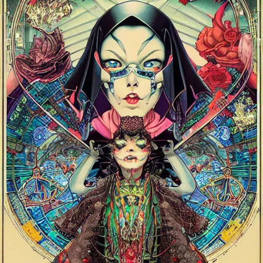 Image similar to portrait of crazy fortune teller, symmetrical, by yoichi hatakenaka, masamune shirow, josan gonzales and dan mumford, ayami kojima, takato yamamoto, barclay shaw, karol bak, yukito kishiro