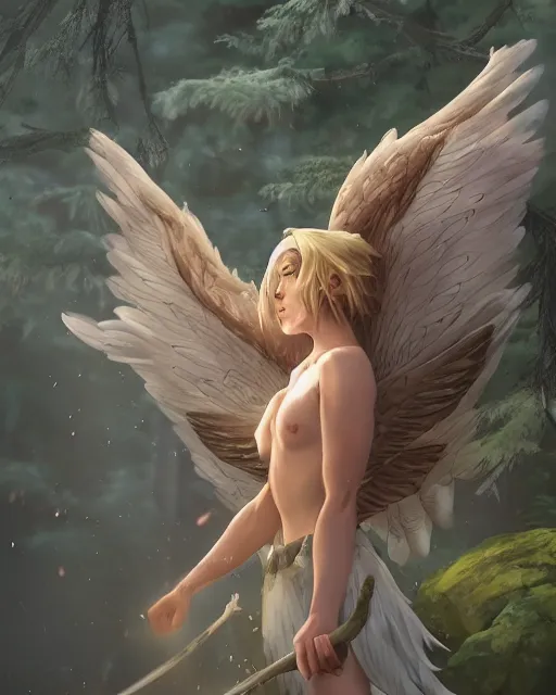 Image similar to a female anthropomorphic eagle warrior. She has two wings on her back. Her skin is covered in feathers. Forest, clearing. Full shot, wings are focus. Atmospheric lighting, By Makoto Shinkai, Stanley Artgerm Lau, WLOP, Rossdraws, James Jean, Andrei Riabovitchev, Marc Simonetti, krenz cushart, Sakimichan, D&D trending on ArtStation, digital art.