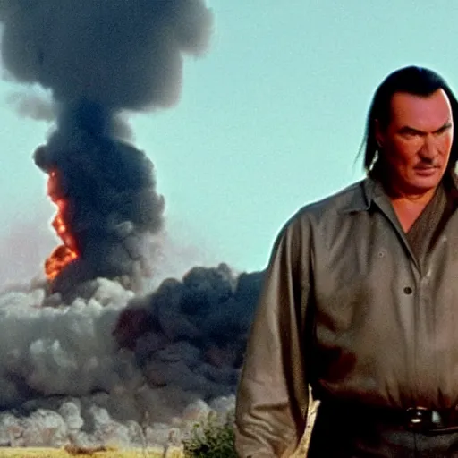 Image similar to scene of a movie with steven seagal with an explosion in the background