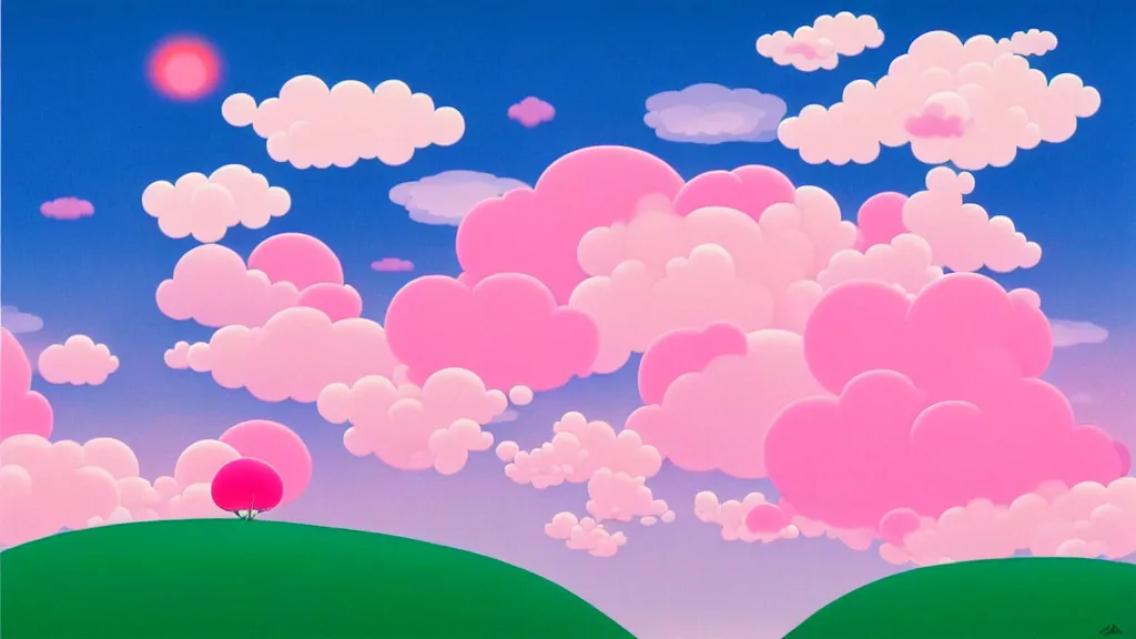 Prompt: a beautiful sky. pink puffy cotton candy clouds. evening light. chiho Aoshima.