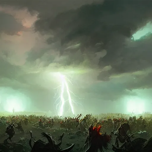 Prompt: a magical lightning storm destroys a goblin army, digital art, greg rutkowski