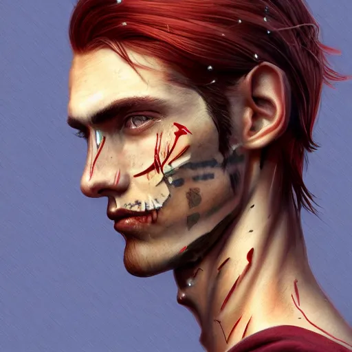 Image similar to portrait of a thin young man with long red hair, ponytail, a big scars, big gash on face, freckles on his face, an earring, intricate, elegant, glowing lights, highly detailed, digital painting, artstation, concept art, smooth, sharp focus, illustration