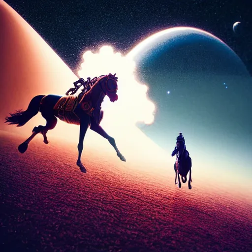 Prompt: hyperrealism aesthetic highly detailed photography of horse astronautback riding on a astronaut. from western by hiroyuki okiura and katsuhiro otomo and alejandro hodorovski style with many details by mike winkelmann and vincent di fate in sci - fi style. volumetric natural light hyperrealism photo on dsmc 3 system,