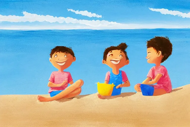 Image similar to Two happy children sitting on the beach making sandcastles, blue sky, HD, by Benji Davies