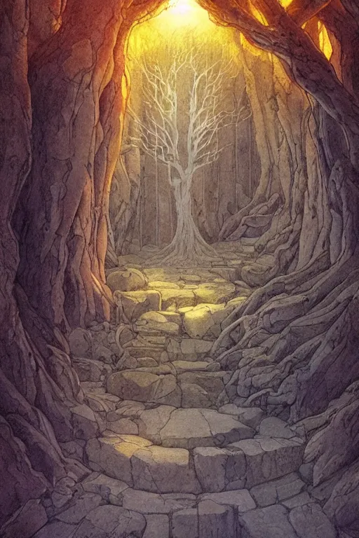 Image similar to sacred ash tree, stone temple interior, circle of power, mysterious, dramatic lighting, wide angle, highly detailed, in the style of alan lee and moebius