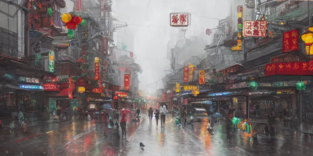 Image similar to an environmental concept art of a busy street in chinatown, rainy, highly detailed by francis tneh