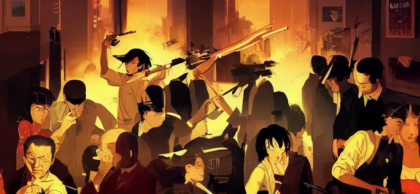 Prompt: a bomb explodes in an office, digital painting masterpiece, by ilya kuvshinov, by frank frazetta, by mœbius, by reiq, by hayao miyazaki, intricate detail, beautiful brush strokes, advanced lighting technology, 4 k wallpaper, interesting character design, stylized yet realistic anatomy and faces, inspired by kill bill animated scene