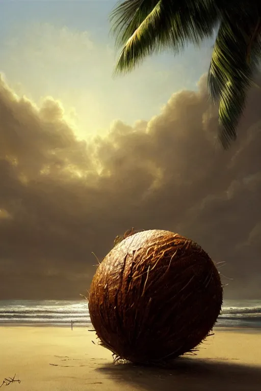 Prompt: a coconut laying on the beach, intricate, elegant, volumetric lighting, scenery, digital painting, highly detailed, artstation, sharp focus, illustration, concept art,ruan jia, steve mccurry