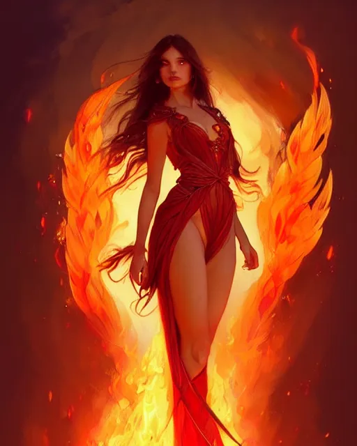 Image similar to beautiful long haired girl, fire dress, full body photo, flames everywhere, highly detailed, digital painting, artstation, concept art, smooth, sharp focus, illustration, art by artgerm and greg rutkowski and alphonse mucha