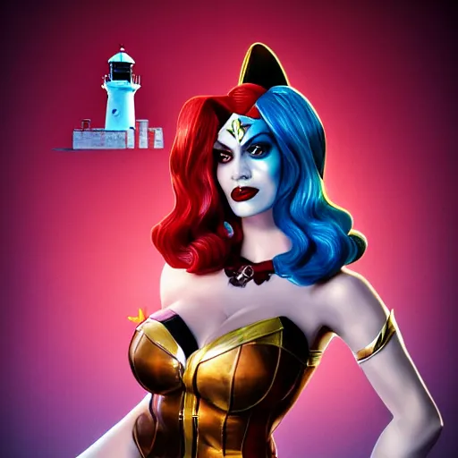 Image similar to perfectly-centered-full-shot photo of Harley Quinn with Poison Ivy & Wonder Woman Pinup Girl Poster, looking out towards a lighthouse, big bust, intricate, elegant, super highly detailed, professional digital painting, artstation, concept art, smooth, sharp focus, no blur, no dof, extreme illustration, Unreal Engine 5, 8K, art by artgerm and greg rutkowski and alphonse mucha and loish and WLOP
