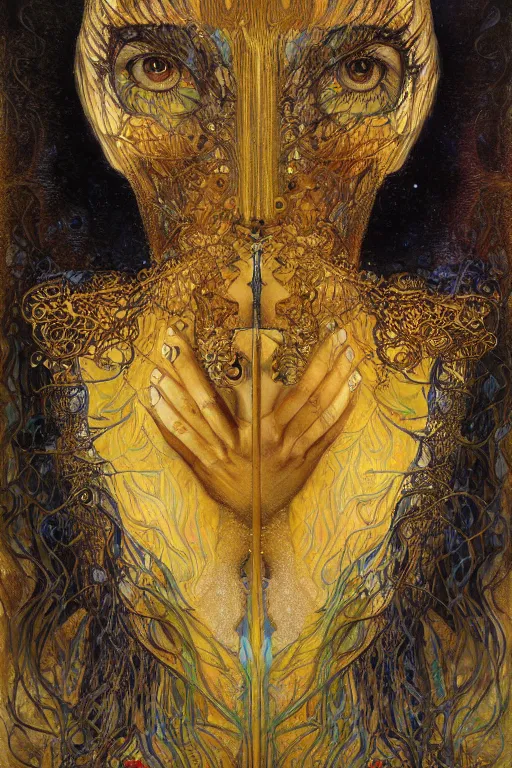 Prompt: Metamorphosis by Karol Bak, Jean Deville, Gustav Klimt, and Vincent Van Gogh, transformation portrait, chimera, visionary, cicada wings, otherworldly, fractal structures, ornate gilded medieval icon, third eye, hybrid, fusion, change, spirals, horizontal symmetry