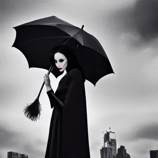 Prompt: morticia addams holding a parasol during a [ humid, rainy day ] as she saunters across the city, closeup!!!, photorealistic facial features, trending on artstation, 4 k photorealism, unsplash, shot by jimmy nelson