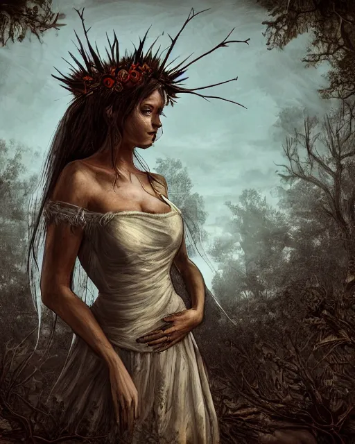 Image similar to Digital painting of a desperate looking bride wearing a crown of thorn, southern gothic scene, typical louisiana background, dark concept art in the style of the videogame Hunt Showdown, digital art, highly detailed, intricate, sharp focus, Trending on Artstation HQ, deviantart, 4K UHD image