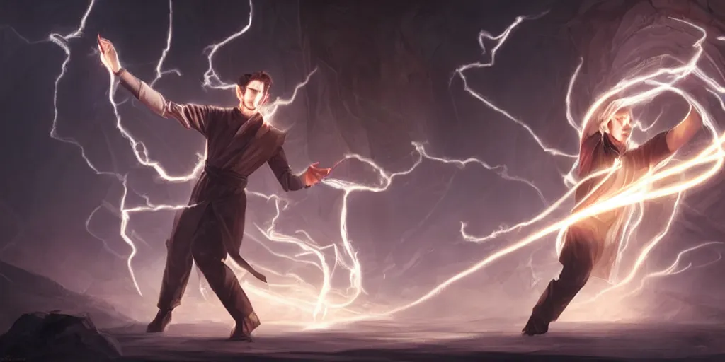Prompt: a male sorcerer that looks like nikola tesla casting a lighting spell, light rays, bloom, dynamic pose, dramatic lighting, epic composition, concept art, by dan luvisi, jason chan and gilles beloeil
