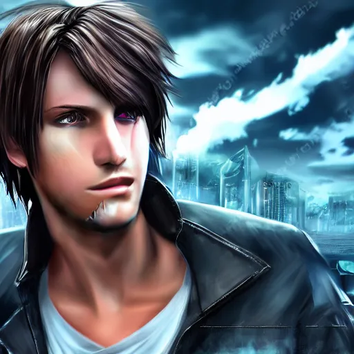 Prompt: photorealistic squall leonhart in a sci fi city