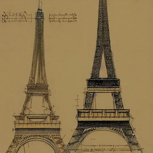 eiffel tower schematics sketched by leonardo da vinci | Stable Diffusion