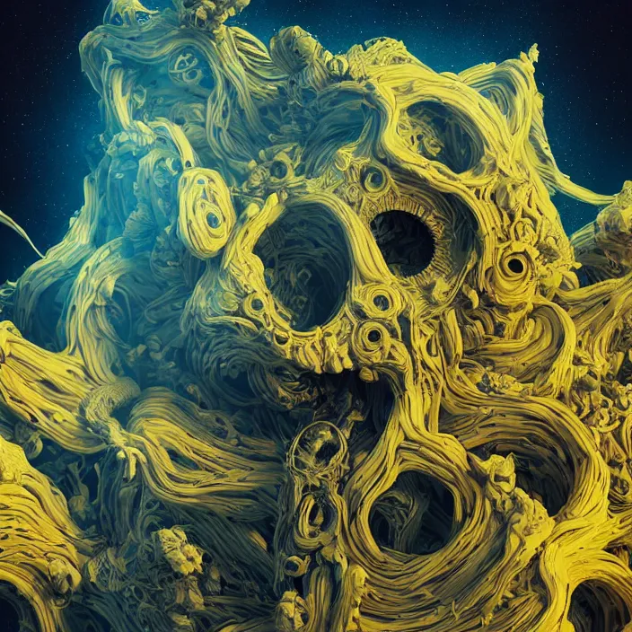 Prompt: portrait of a destroyer of galaxies, indigo and yellow. intricate abstract. intricate artwork. nightmare fuel. by tooth wu wlop beeple dan mumford. octane _ render