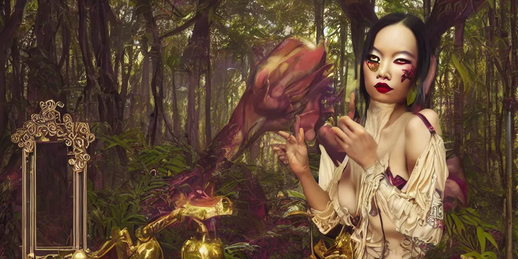 Image similar to giesha demon, innovative avant - garde art, deco fashion, one asian woman!!!, highly detailed, photorealistic portrait by michael chavel, serene forest setting, crisp quality and light reflections, octane render, tarot card with ornate border frame h - 1 0 2 4