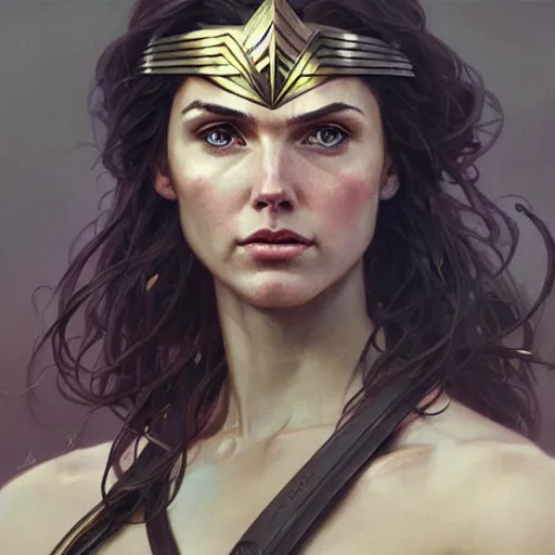 Prompt: portrait of Wonder Woman after battle, intricate, headshot, highly detailed, digital painting, artstation, concept art, sharp focus, illustration, art by artgerm and greg rutkowski, alphonse mucha, cgsociety