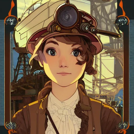 Prompt: Portrait of annasophia robb as an airship mechanic at her workbench, steampunk, defined facial features, highly detailed, crammed with details, artstation, official artbook, official Kyoto Animation and Studio Ghibli anime screenshot, by Ilya Kuvshinov and Alphonse Mucha