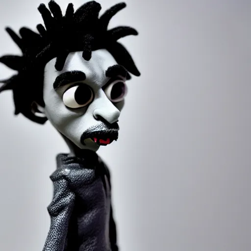 Image similar to a cartoon claymation medium close up sculpture of Playboi Carti, in the style of Tim Burton, black and white, high contrast