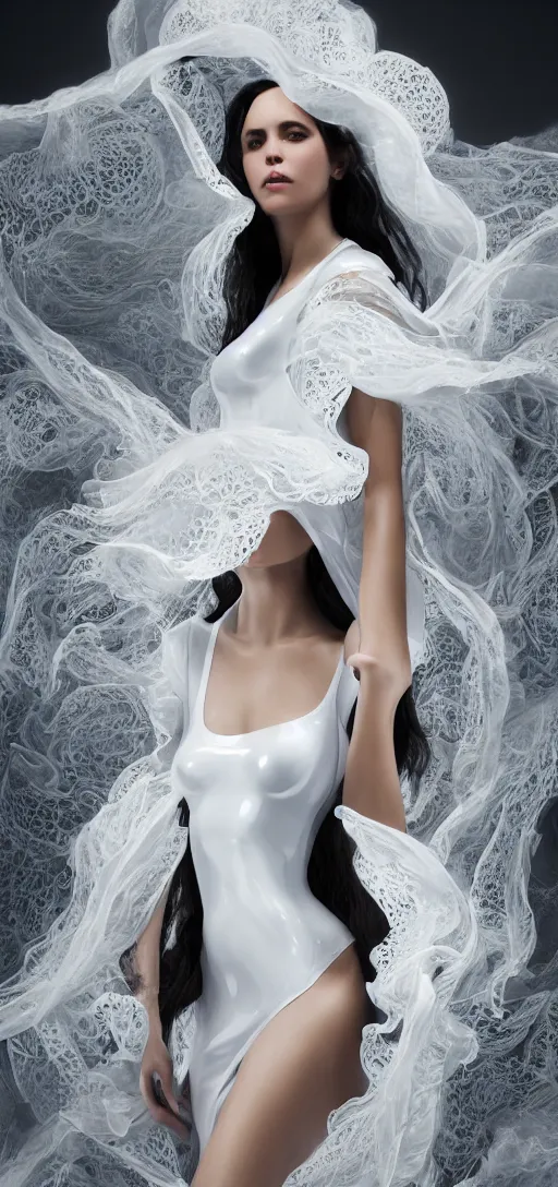 Prompt: an fierce nubile young woman with long dark hair, painted in futuristic white latex, waves of billowing doily dress, clear skin, elegant, graceful, fashionable, cinematic, hyperdetailed illustration by irakli nadar and alexandre ferra, depth of field, global illumination,