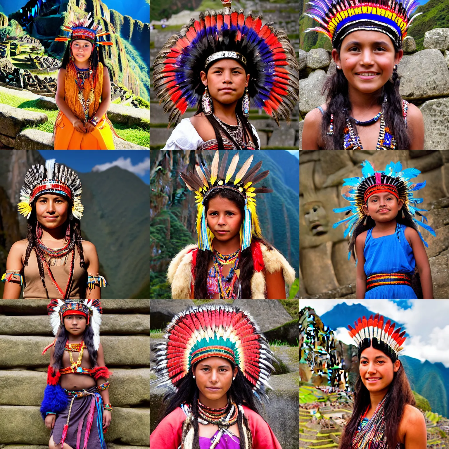 Prompt: young aztec queen wearing headdress posing for a portrait photo in machu picchu
