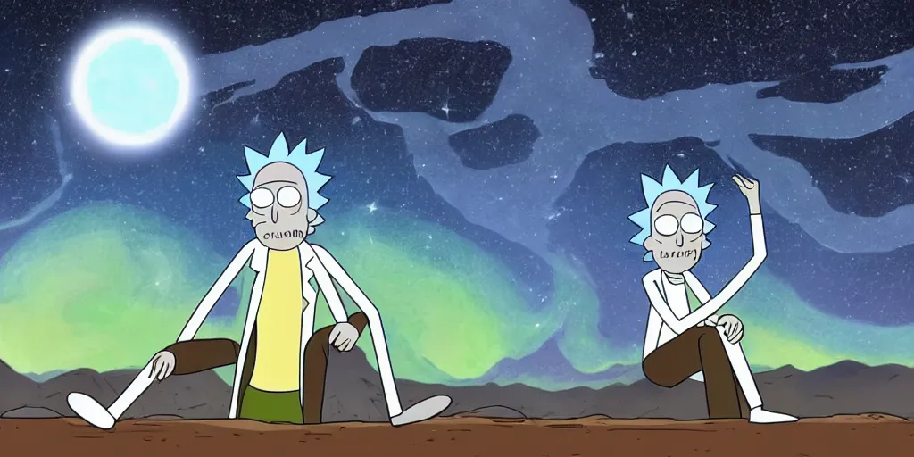 Image similar to rick and morty sitting on toilet, sky full of stars and milkyway is viewable, mystical, art