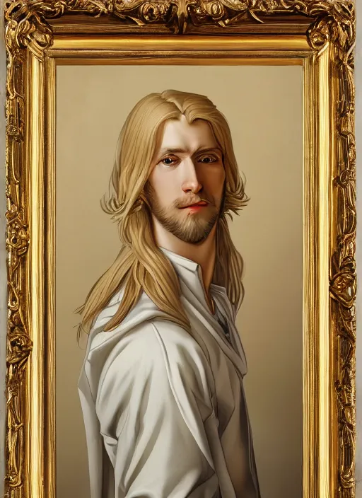 Prompt: portrait of a blond handsome man with long hair in baroque art, anime inspired, High Res 8K,hyperdetailed