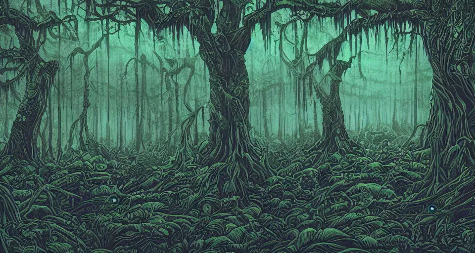 Image similar to A dense and dark enchanted forest with a swamp, by Dan mumford,