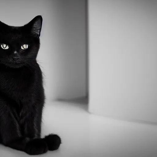 Image similar to national geographic photograph of a black cat sitting in a white room