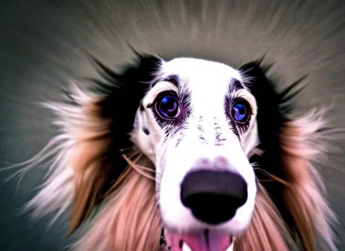 Prompt: a photo of a borzoi dogs face, fisheye lens