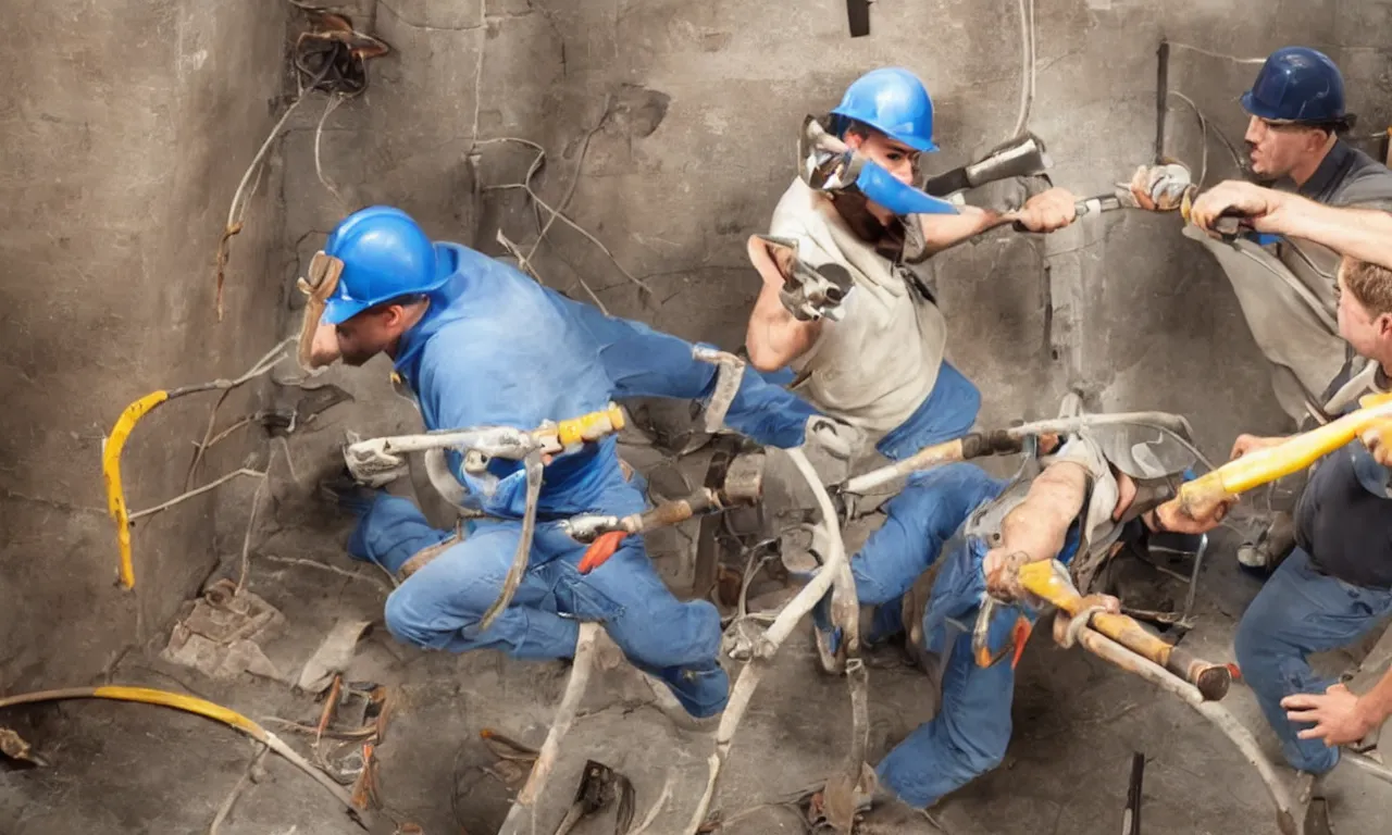 Image similar to epic duel between plumbers and electricians, cinematic