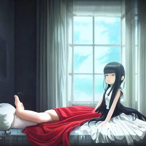 Image similar to room with an amount of photos retracting an little girl with an long black hair dressed in a simple white dress sleeping, anime art style, digital art ilya kuvshinov, inspired by balthus, hd, 4 k, hyper detailed, dark, anatomically correct, angelic face