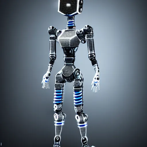 Image similar to digitigrade legs silver and black colored robot with blue screen - face elegant ornate detailed 4 k artstation deviantart cinematic shot