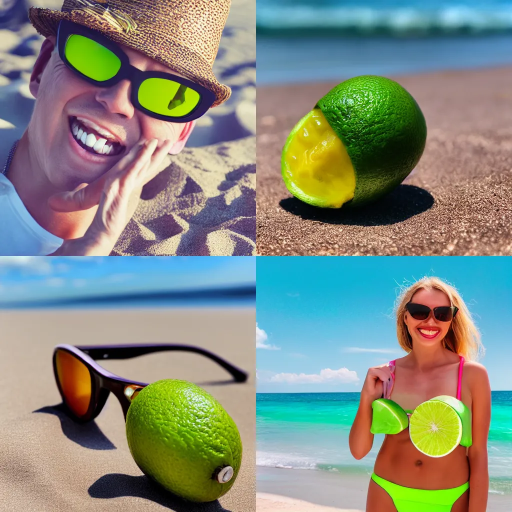 Prompt: a lime fruit wearing sunglasses and smiling on the beach, back-lit photo 4K detailed