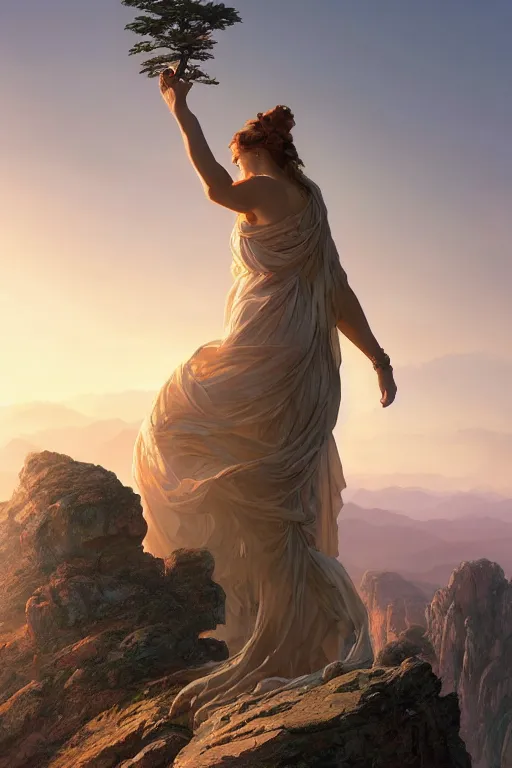 Prompt: an ultradetailed colossal magnificent mountain sized sculpture of an elegant woman, fine detail, sunrise on the horizon in the background, stone hand raised up, 8 k, art by greg rutkowski and alphonse mucha and andreas rocha and albert bierstadt