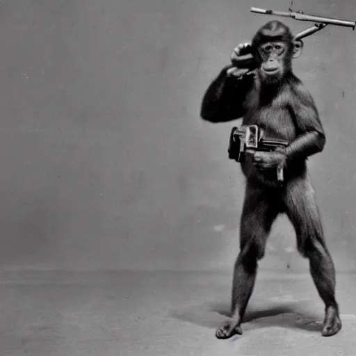 Prompt: old photo world war, a monkey wearing a helmet armed with a rifle, detailed