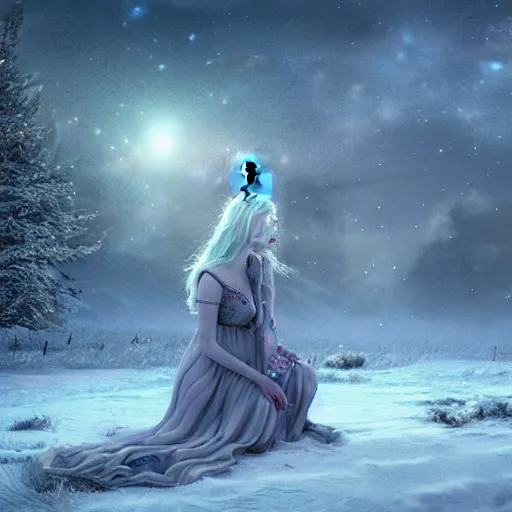 Prompt: a iridescent unicorn mourning a human in a snowy graveyard on a starry night, ultra realistic, concept art, intricate details, highly detailed, photorealistic, octane render, 8 k, fantasy art, art by mary jackson