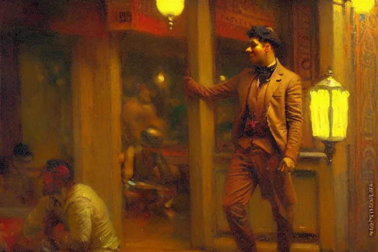 Image similar to winter, attractive male, neon light, india, painting by gaston bussiere, craig mullins, j. c. leyendecker