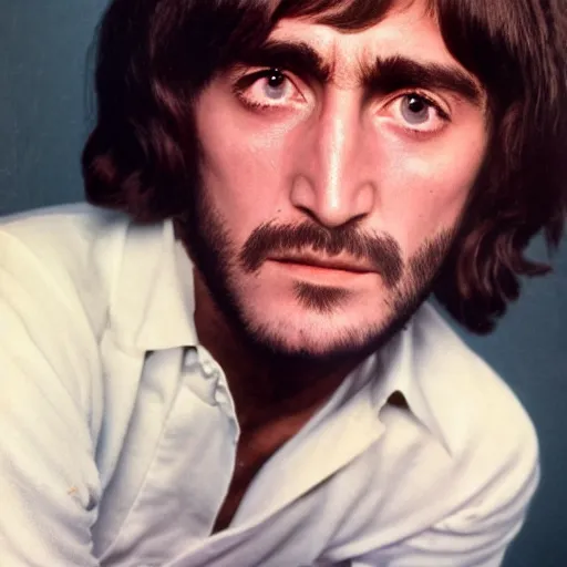 Image similar to a man who is a genetic combination of john lennon and paul mccartney and george harrison and ringo starr, face and upper - body focus, detailed eyes, photograph taken in 1 9 6 9, award winning photograph