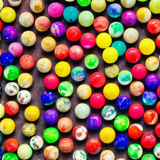 Prompt: a field filled with different colored marbles all together, natural lighting on a sunny day, wide angle photography, 4 k,