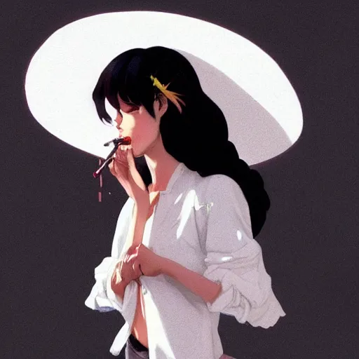 Prompt: black hair woman smoking a cigarette by krenz cushart stu dts yoshiku wlop, white smoke, cinematic lighting, back lit, chromatic aberration, white smoke, trending on ArtStation Pixiv