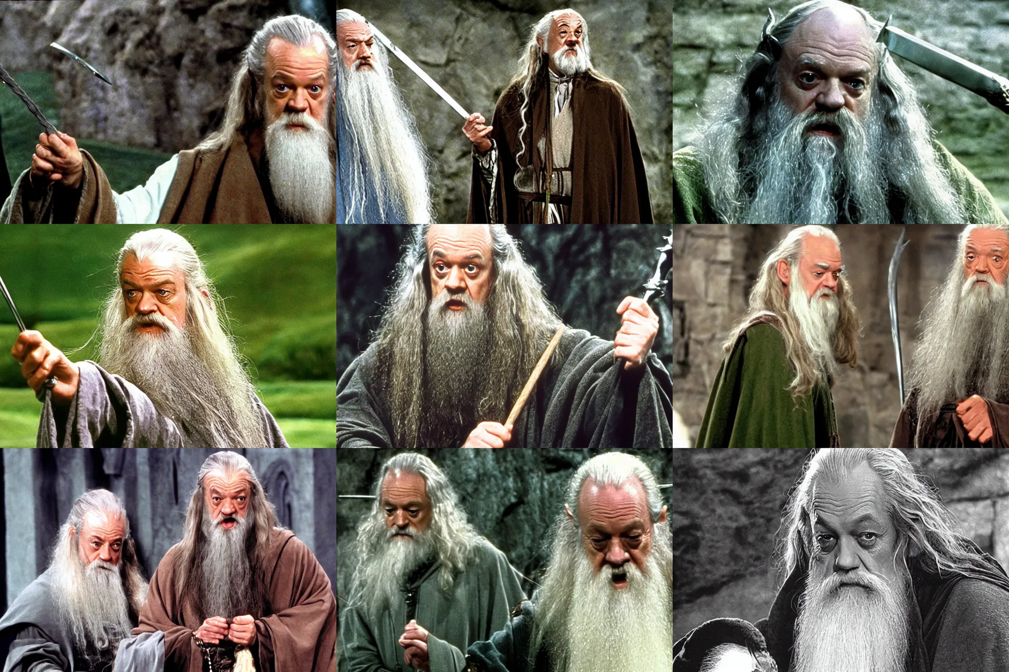 Prompt: frasier crane as gandalf, still image from lord of the rings