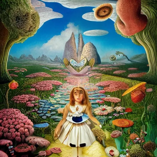 Prompt: portrait of a beautiful alice in wonderland by jacek yerka and salvador dali, detailed matte painting, 8 k resolution