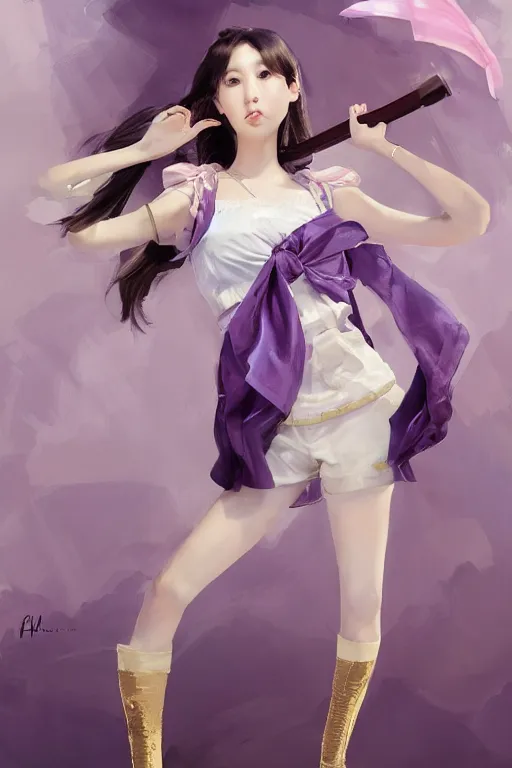 Prompt: Full View of Eunha from Viviz and gFriend with short hair wearing a purple military uniform and puffy silk shorts, white leggings, Golden Ribbon, and a billowy scarf. Rhythmic gymnastics poses. masterpiece 4k digital illustration by Ruan Jia and Mandy Jurgens and Artgerm and greg rutkowski and WLOP, award winning, Artstation, art nouveau aesthetic, Alphonse Mucha background, intricate details, realistic, panoramic view, Hyperdetailed, 8k resolution, intricate art nouveau